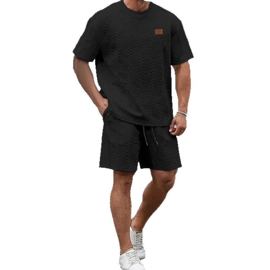 Men's solid color patch design ribbed short sleeve T-shirt and shorts sports two-piece set in black