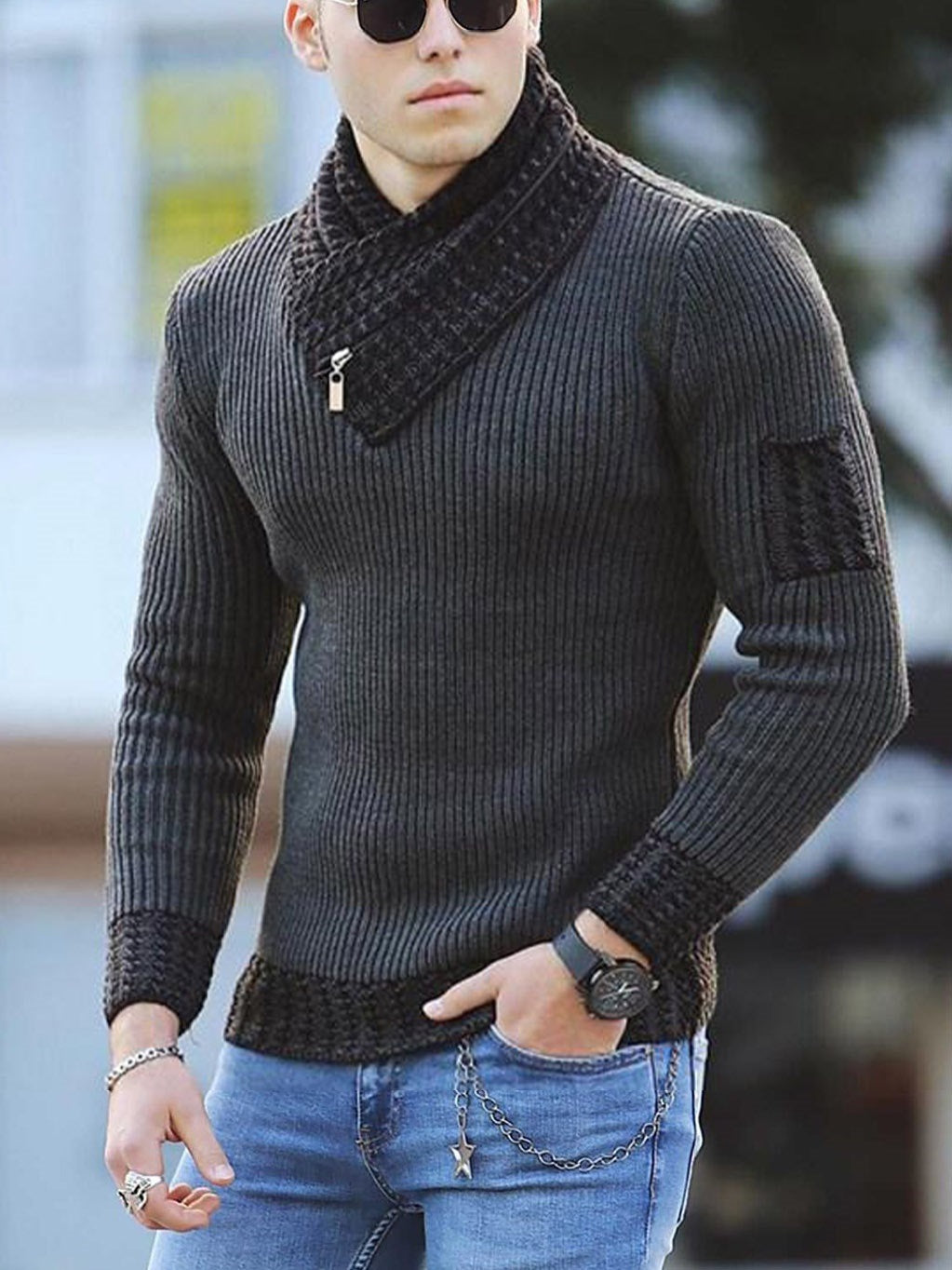 Independent Station Casual Slim Knit Pullover Long-sleeved Scarf Collar Sweater Men's - SMSB 66