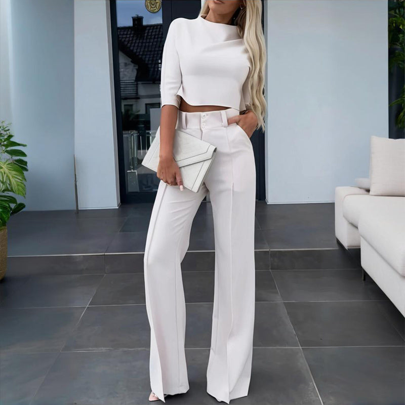 Women's Elegant Solid Color Half Sleeve Short Top With Straight Leg Pants Two-Piece Office Wear Suit With Pockets - SMSB 66