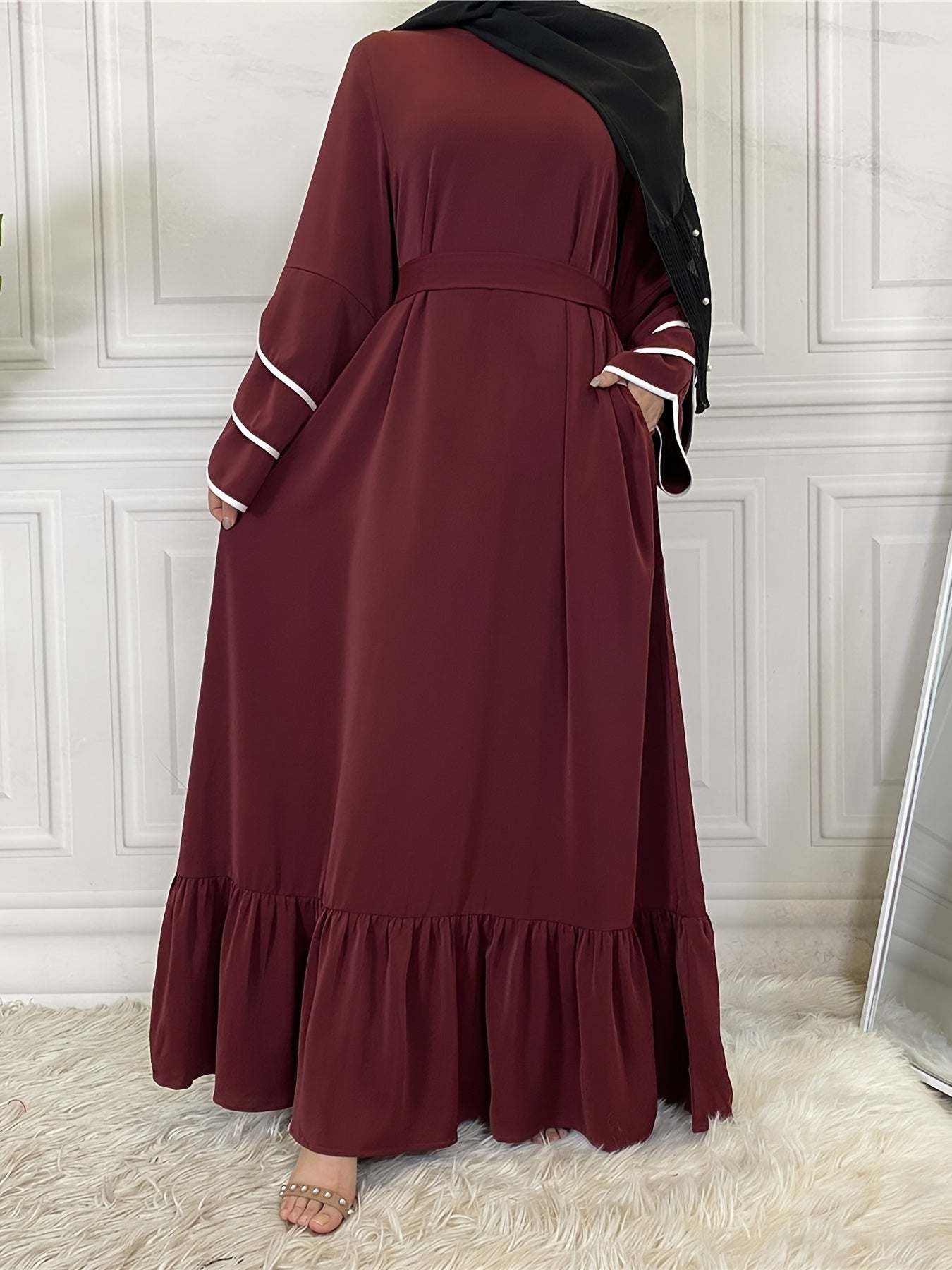 Solid Petal Sleeve Crew Neck Loose Modest Dress, Elegant Tie Waist Ruffled Hem Dress, Women's Clothing - SMSB 66