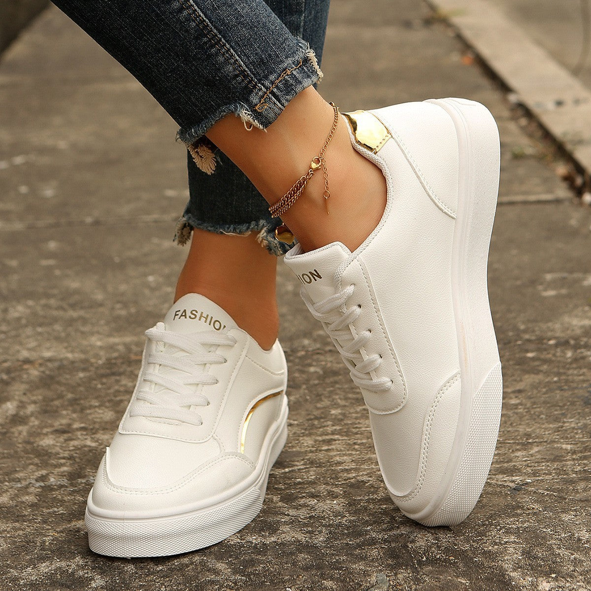 Stylish lace-up white flats with round toe, thick sole, and casual design for women