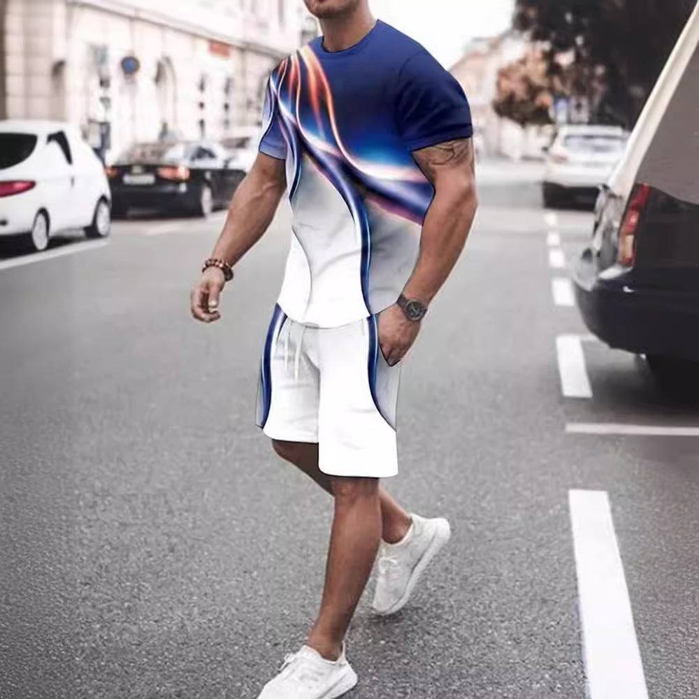 Men's casual T-shirt and shorts two-piece sportswear with printed design and short sleeves