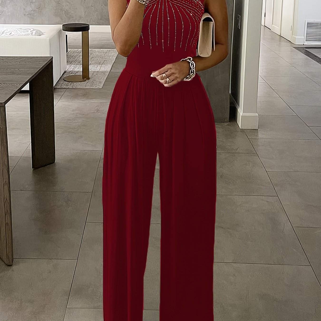 Glitter Rhinestone Criss Cross Jumpsuit, Elegant Wide Leg Sleeveless Tank Jumpsuit For Spring & Summer, Women's Clothing - SMSB 66