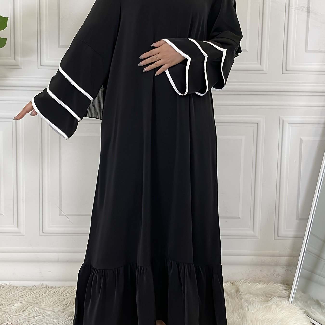 Solid Petal Sleeve Crew Neck Loose Modest Dress, Elegant Tie Waist Ruffled Hem Dress, Women's Clothing - SMSB 66