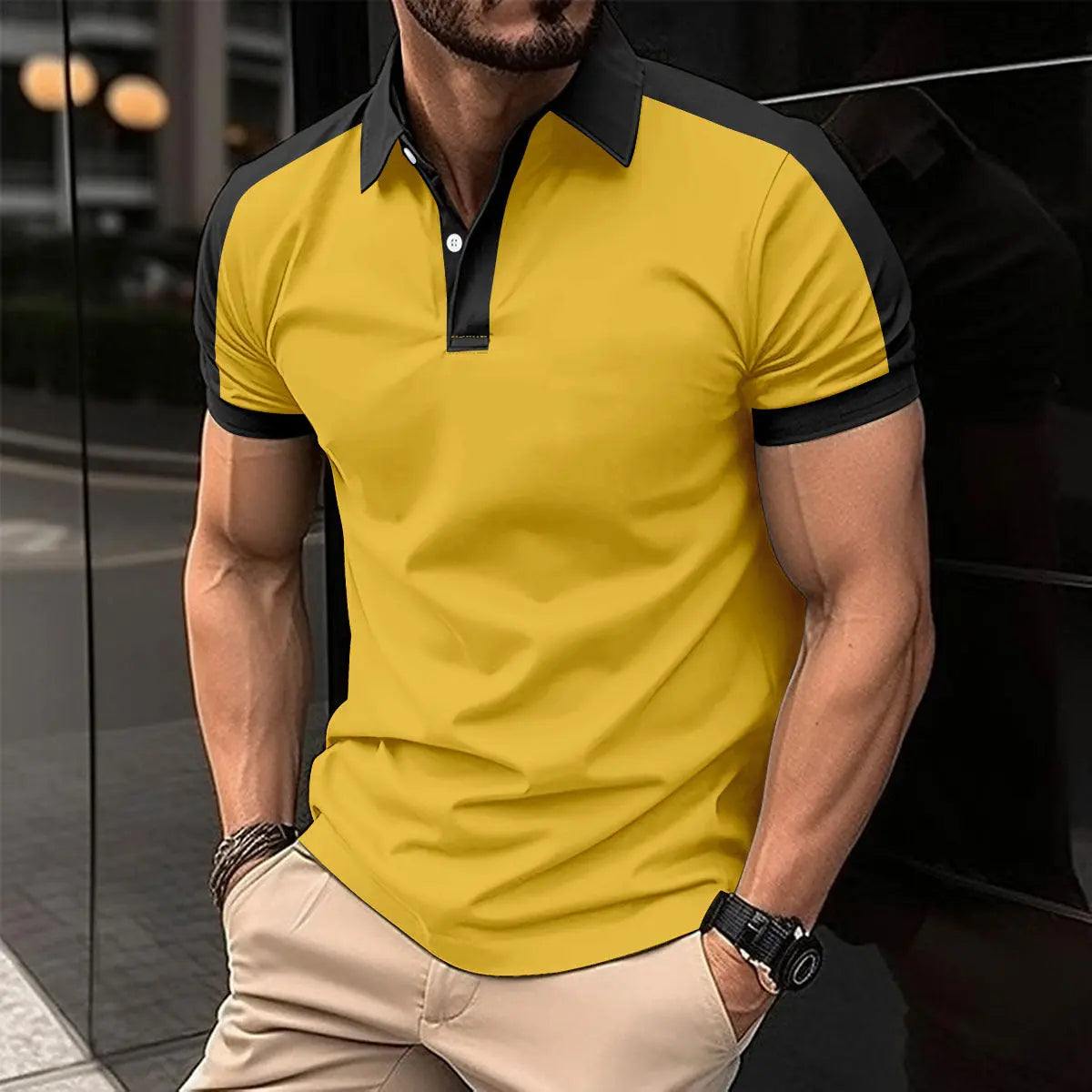 Men's short sleeve business shirt in yellow and black, casual summer polo with cotton blend fabric
