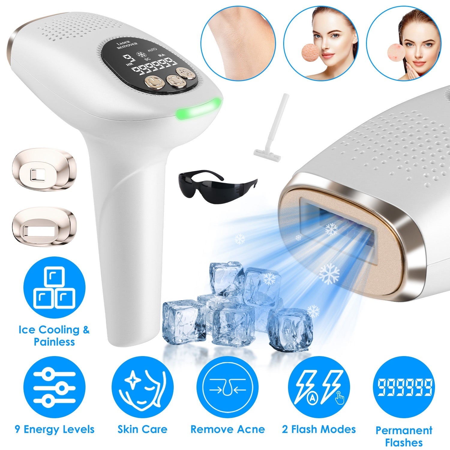 3 In 1 Ice Cooling Laser Hair Removal Painless Permanent At-Home IPL Hair Removal With 999,999 Flashes 9 Energy Levels 2 Modes For Armpits Legs Arms Bikini Line - SMSB 66