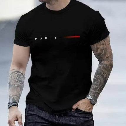 Men's black slim fit 3d printed top with Paris text and short sleeves