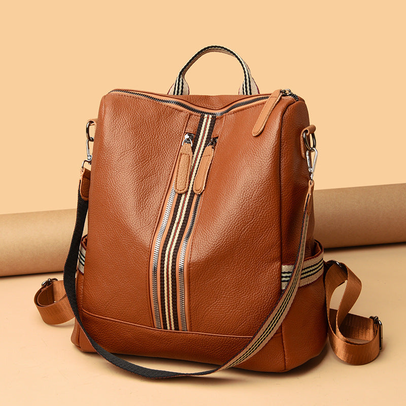 brown stylish PU student backpack with vertical square shape and striped zipper design