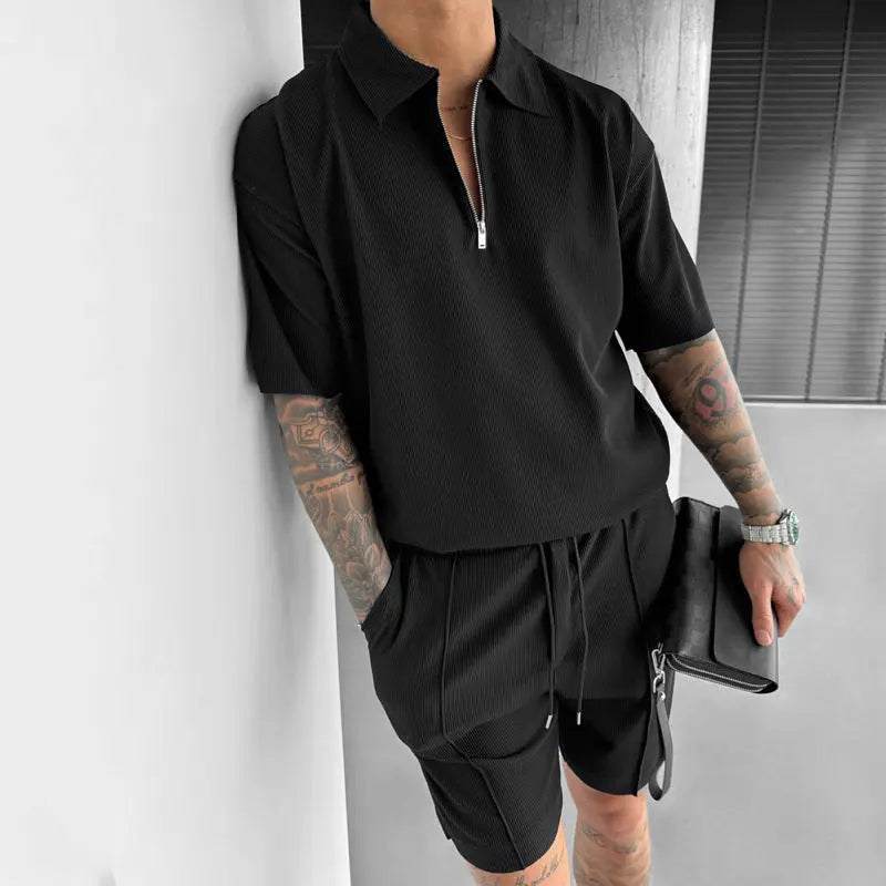 Men's summer fashion clothing set with black zipper polo shirt and drawstring shorts