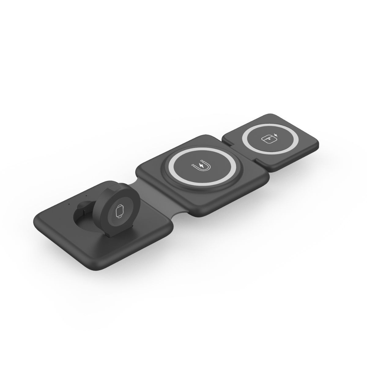 Black folding magnetic suction wireless charger 3-in-1 with Type-C interface and multiple charging outputs