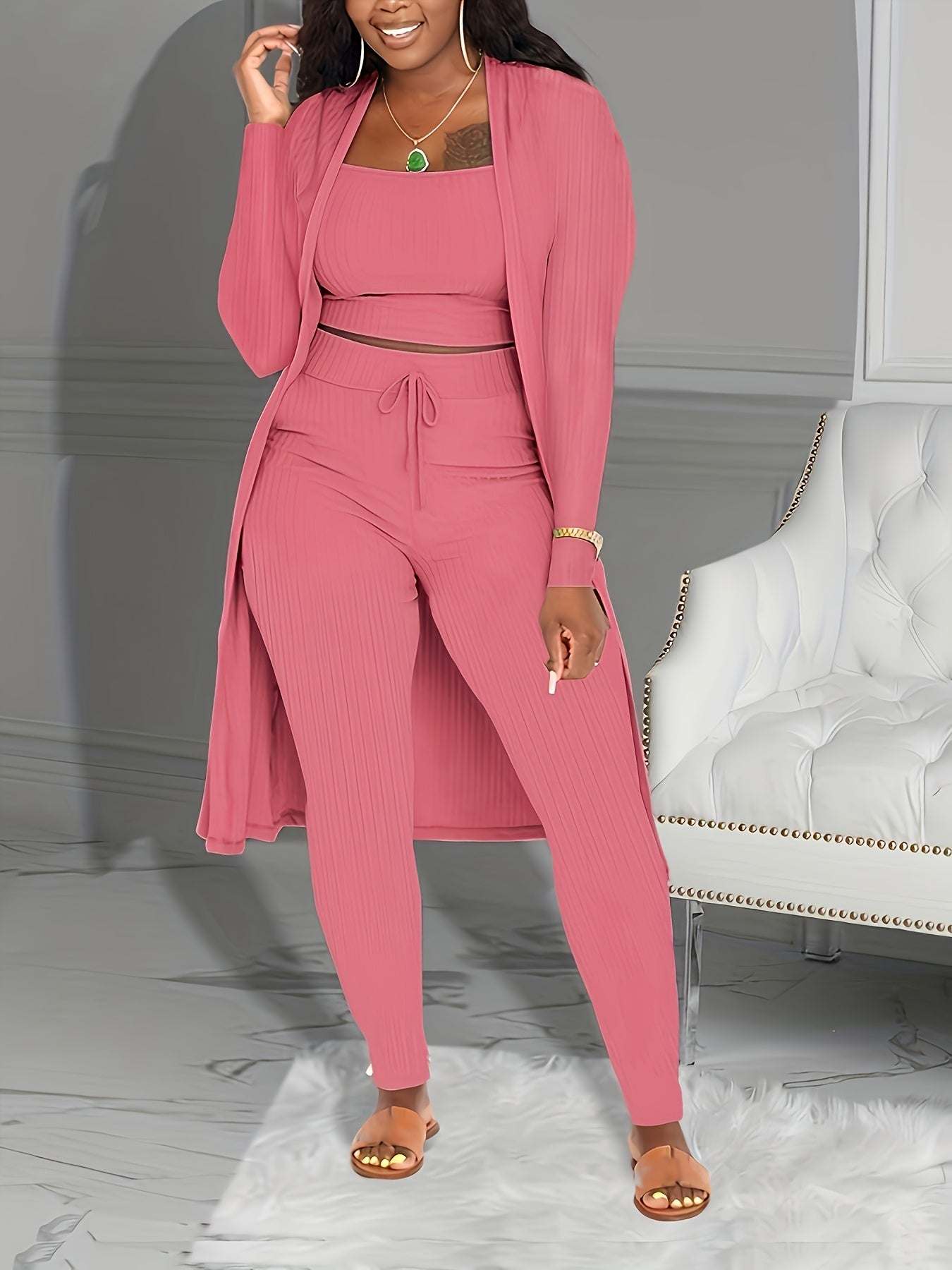 Casual Ribbed 3pcs Set, Crop Tank Top + High Waist Drawstring Pants + Longline Cardigan Outfits, Women's Clothing - SMSB 66