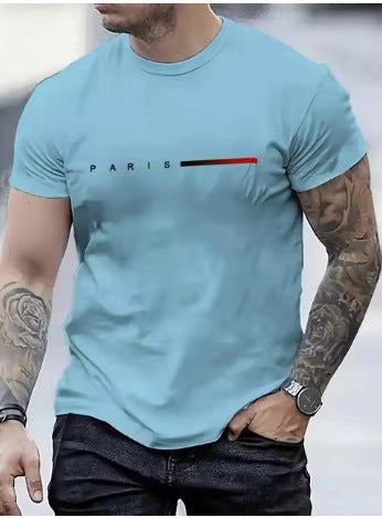 Slim fit men's blue 3d printed top with short sleeves and Paris design