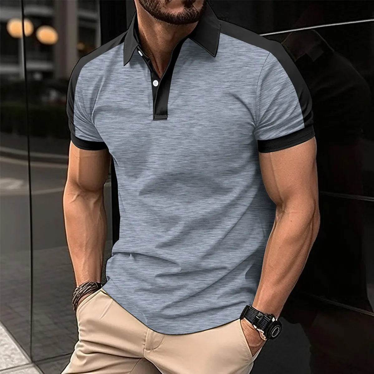 Men's short sleeve business shirt in gray with black collar and sleeve trim, casual summer polo style