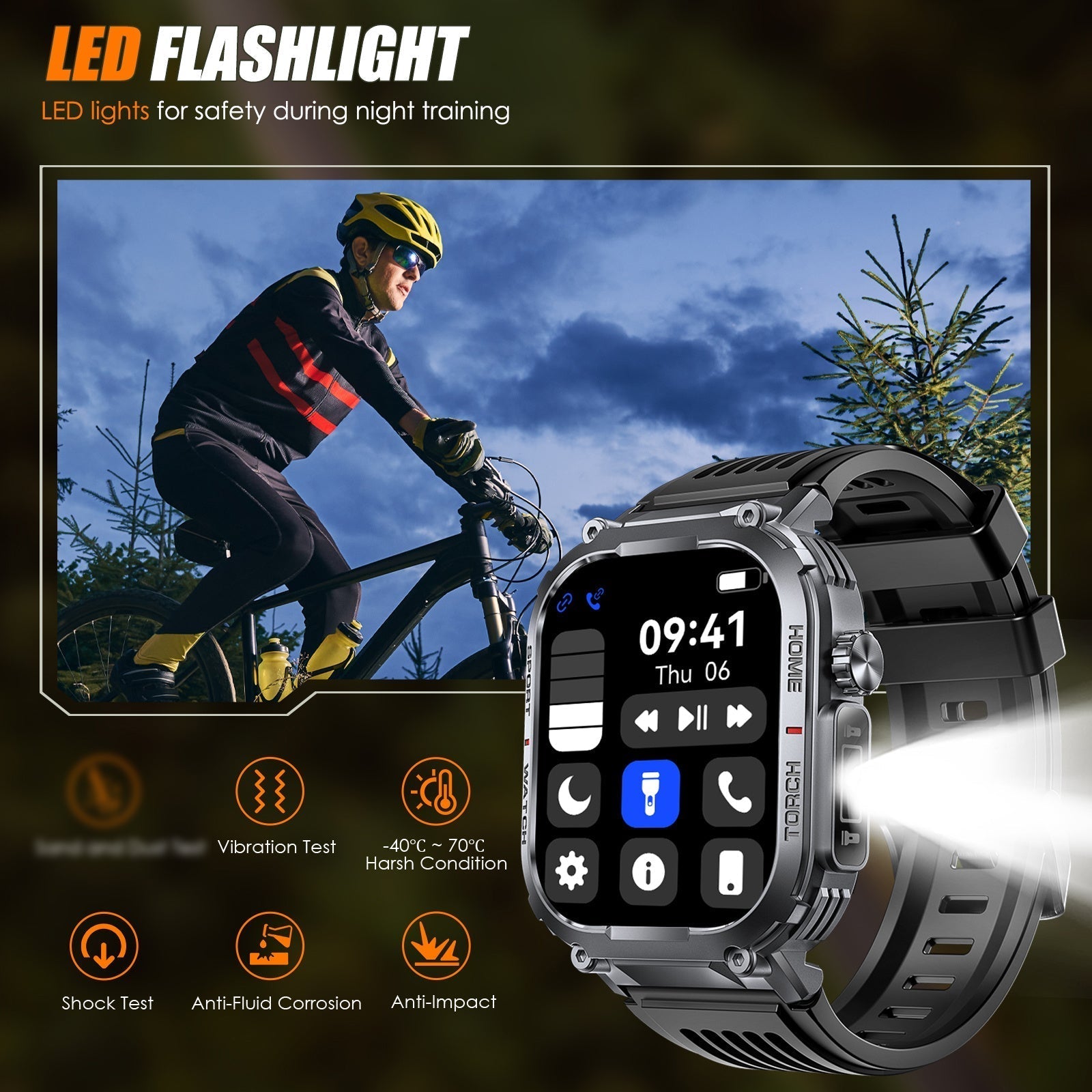 INEYES S320B Sport Modes smartwatch with LED flashlight, HD screen, and wireless call feature