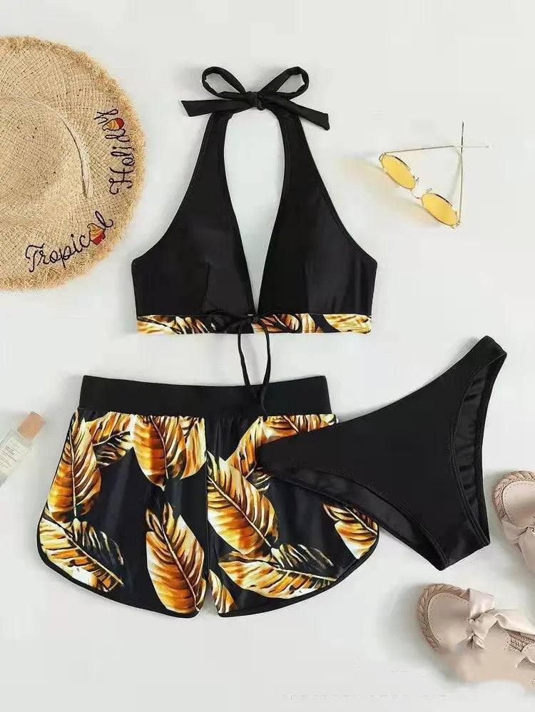 3pcs women's leaf print bikini set with halter top, solid black bottom, and matching printed shorts for summer beachwear