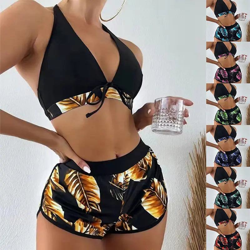 Woman wearing black leaf print bikini with matching shorts holding a glass, multiple color options shown on the side, summer beach swimsuit for women