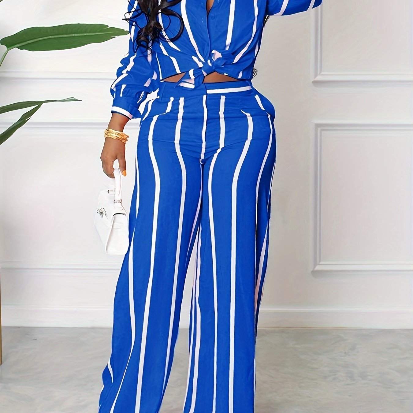 [Two-piece Set Long Sleeve Shirt] Striped Print Two-piece Set, Button Front Collar Long Sleeve Shirt & High Waist Wide Leg Loose Pants Set, Women's Clothing - SMSB 66