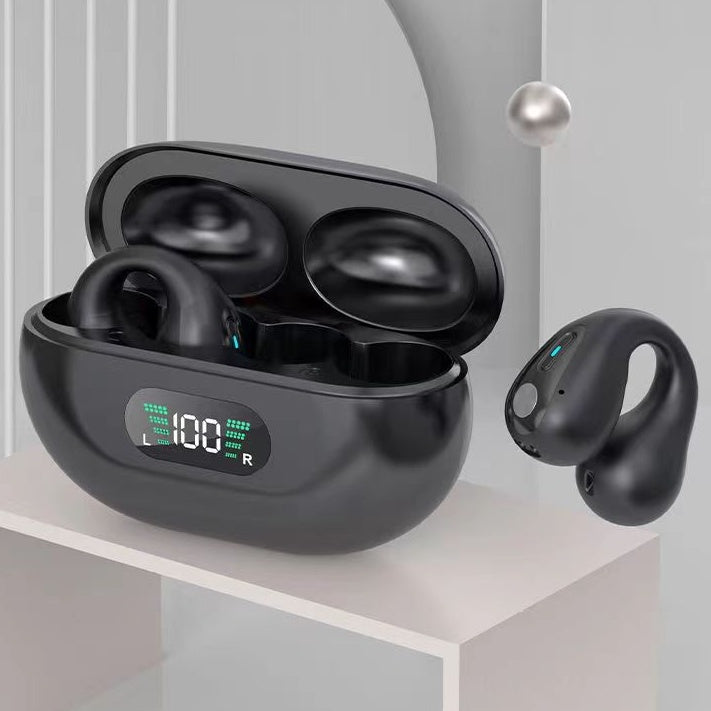 Black bone conduction headphones with digital display charging case and wireless Bluetooth earbuds