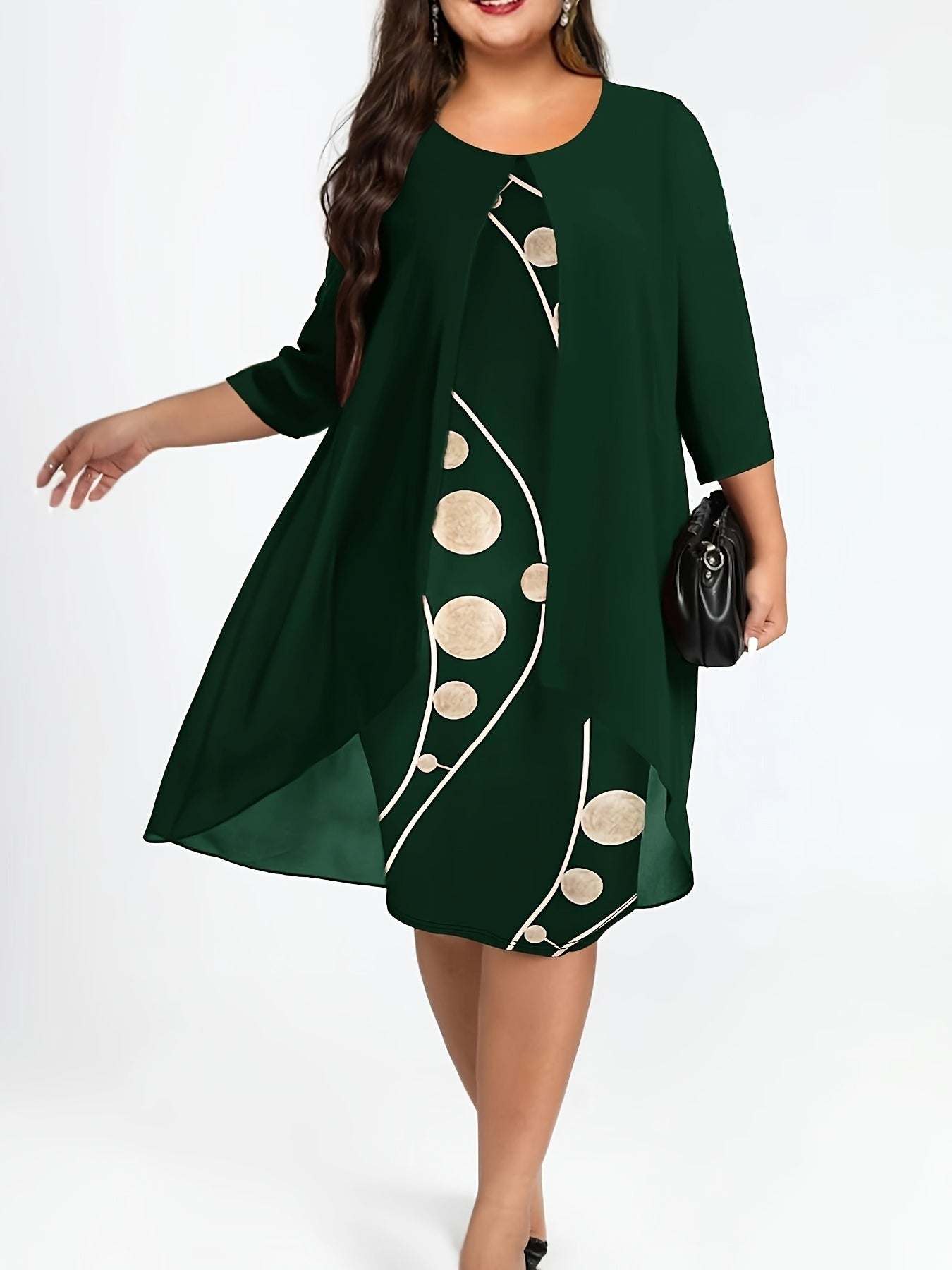 [Elegant Abstract Print Dress] Elegant 3/4 Sleeve Abstract Print Layered Dress - Women's Clothing, Crew Neck - SMSB 66