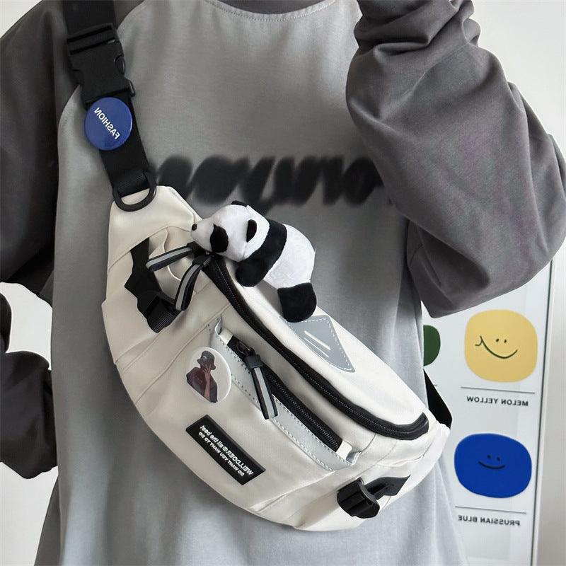 Men's sports chest bag in white Oxford cloth with large capacity and decorative panda plush crossbody design