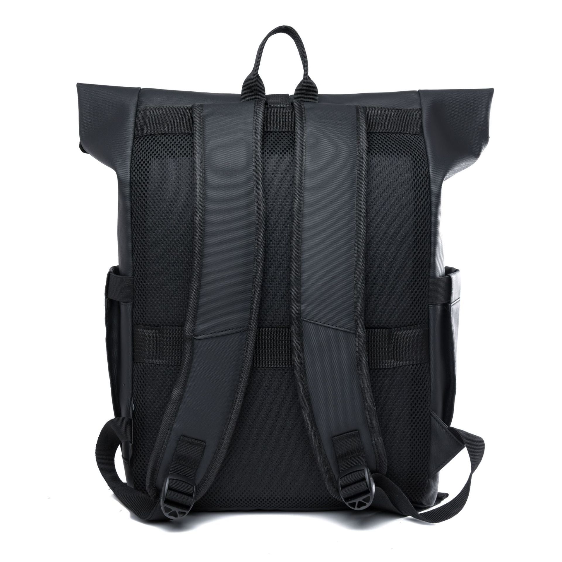 Black lightweight men's backpack with curved shoulder straps and waterproof derm material for travel and leisure.