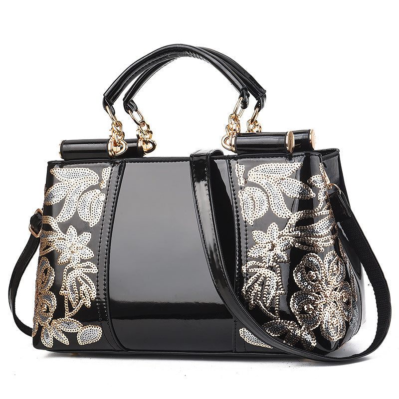 Black fashion sequins handbag with floral embroidery and gold accents for women shoulder bag