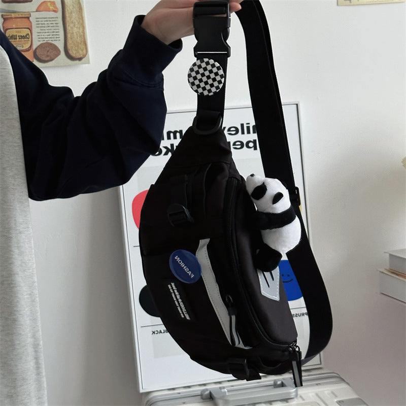 Black Chest Bag Men's Sports crossbody with large capacity and panda keychain accessory