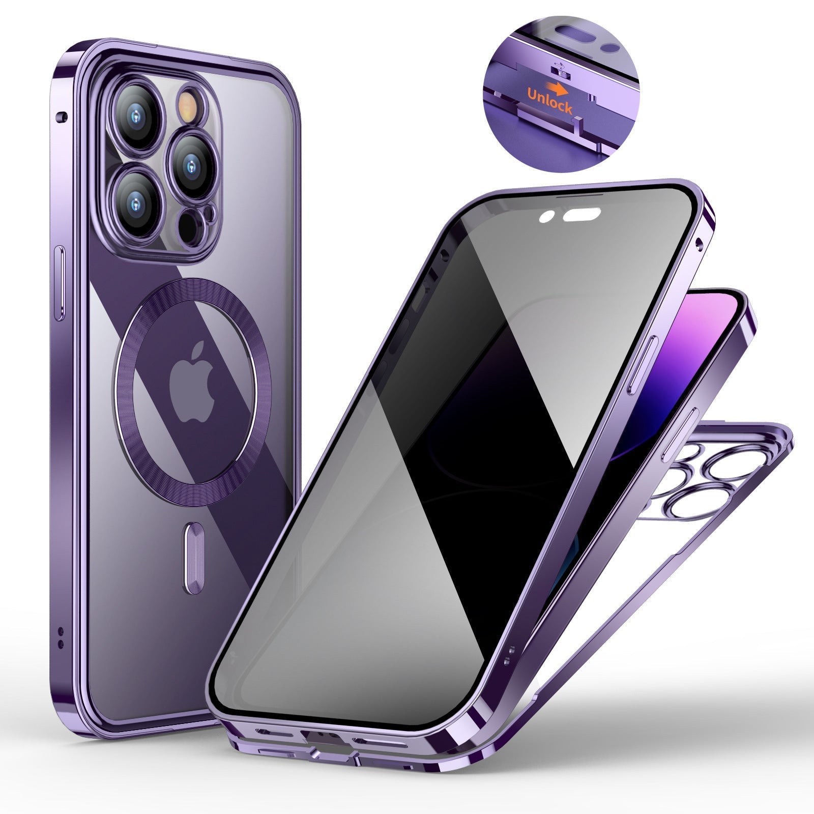 Purple anti-privacy metal buckle phone case with magnetic support and double-sided lens protection for iPhone models
