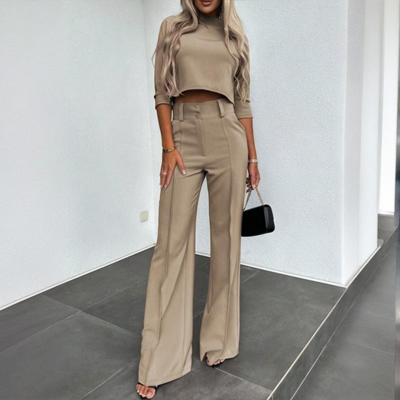 Women's Elegant Solid Color Half Sleeve Short Top With Straight Leg Pants Two-Piece Office Wear Suit With Pockets - SMSB 66