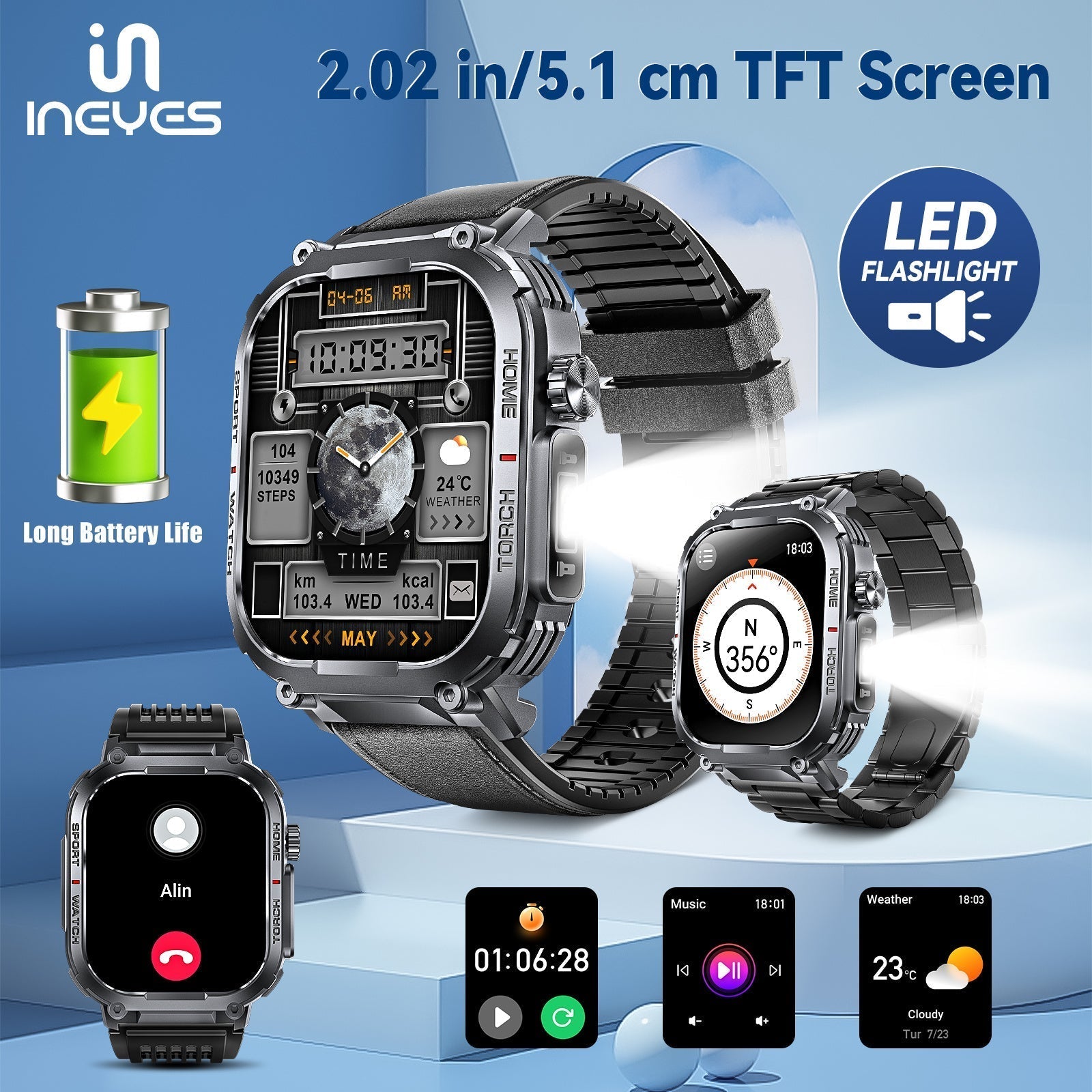 INEYES S320B Sport Modes smartwatch with 2.02-inch HD screen, LED flashlight, wireless call, and long battery life for men and women