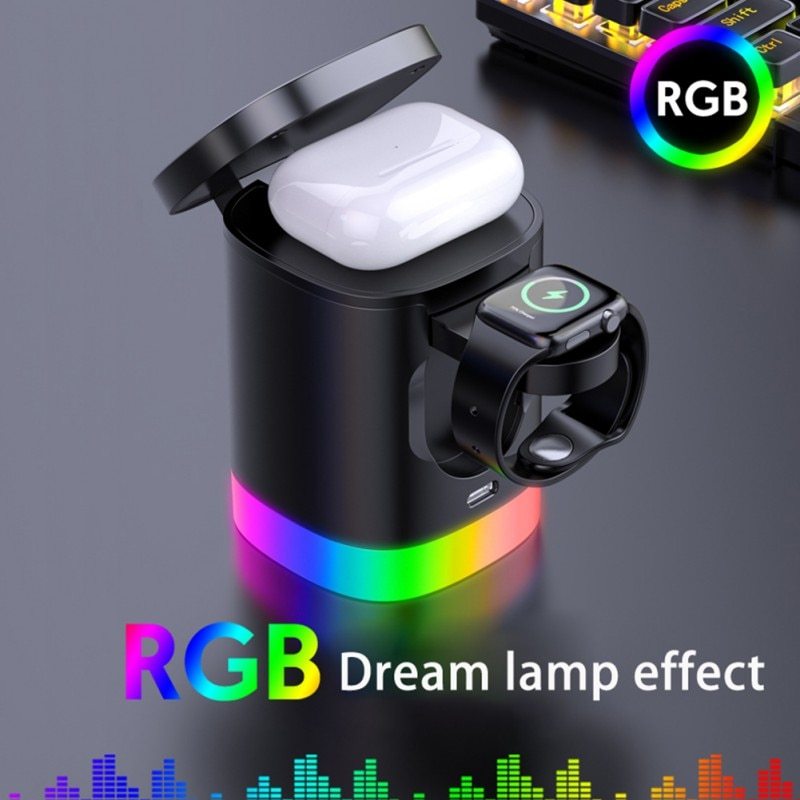 3 in 1 wireless charging station with RGB ambient light for smartphones, AirPods, and iWatch