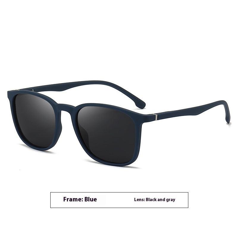 Men's elastic paint polarized sunglasses with blue PC frame and black gray lenses UV400