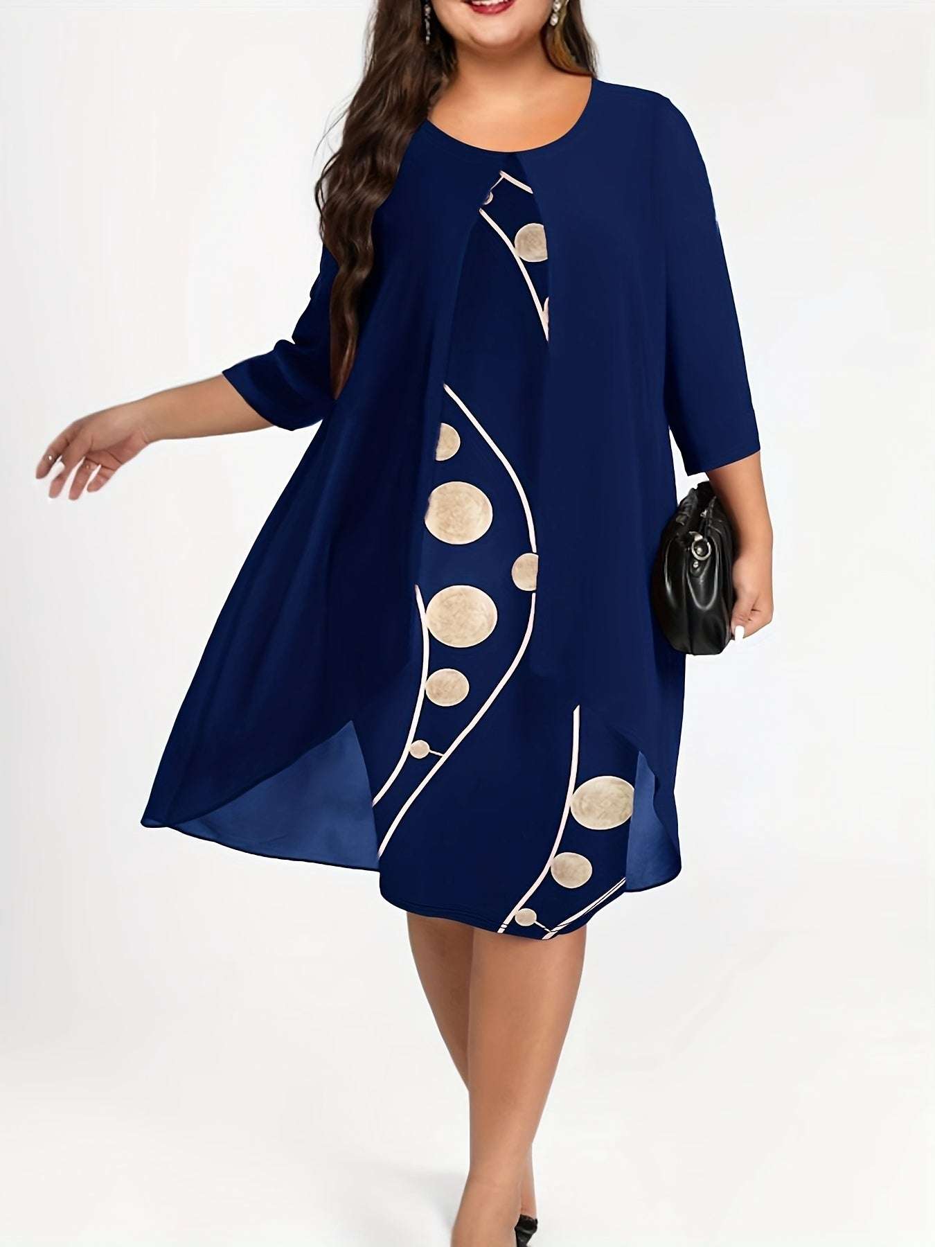 [Elegant Abstract Print Dress] Elegant 3/4 Sleeve Abstract Print Layered Dress - Women's Clothing, Crew Neck - SMSB 66