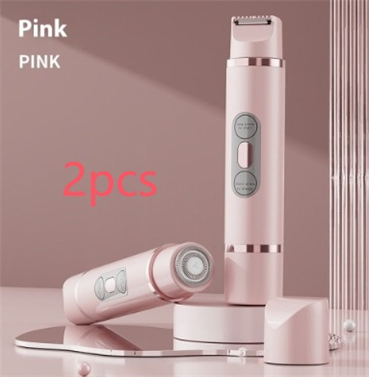 Pink dual-head electric shaver and epilator for painless women's hair removal on face, bikini, legs, and underarm.