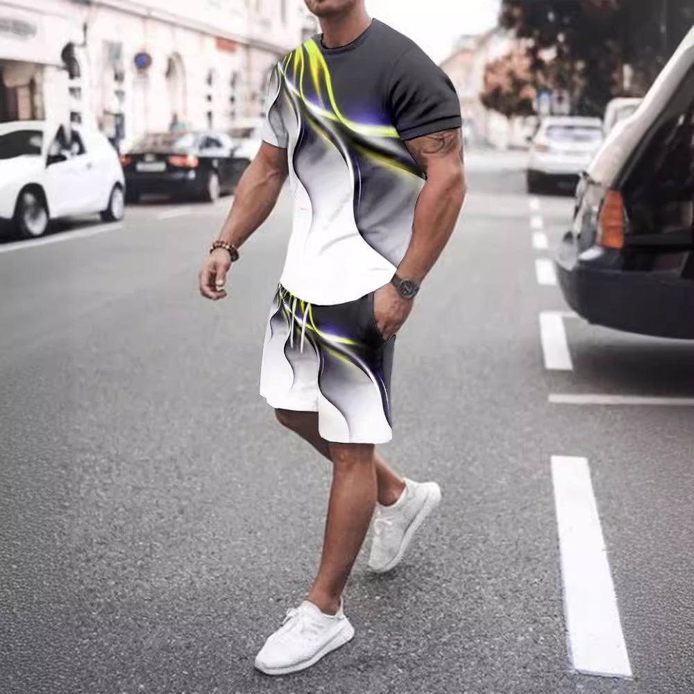 Men's casual T-shirt and shorts two-piece sportswear with abstract black, white, and yellow print for street style.