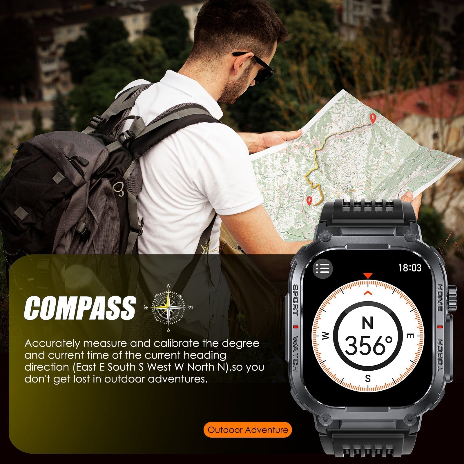 INEYES S320B Sport Modes smartwatch with compass feature for outdoor adventure navigation