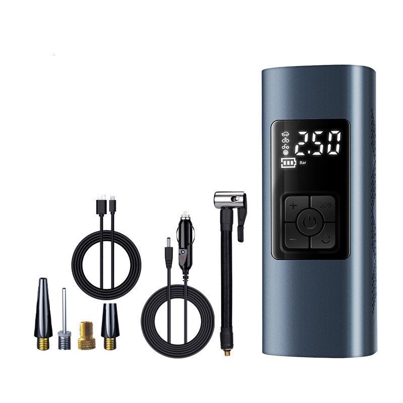 Wireless portable electric car air compressor with digital display and multiple accessories including USB and cigarette lighter cables.