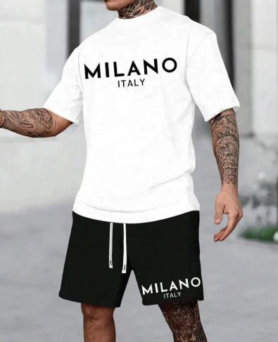 European and American style round neck short sleeve suit with Milano Italy print in black and white polyester pullover and shorts set