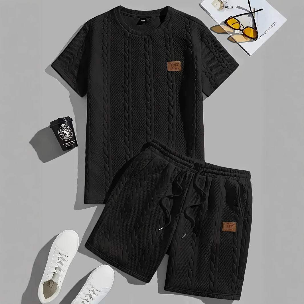 Men's solid color patch design black ribbed short sleeve T-shirt and shorts set for sportswear