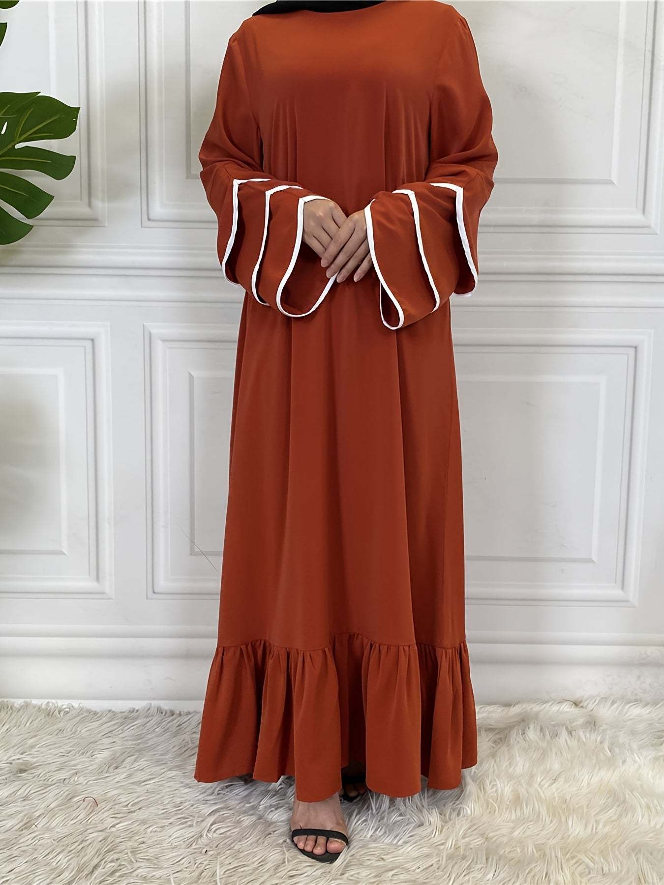 Solid Petal Sleeve Crew Neck Loose Modest Dress, Elegant Tie Waist Ruffled Hem Dress, Women's Clothing - SMSB 66