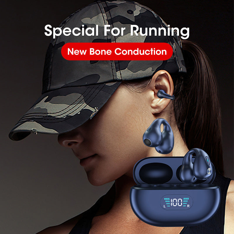 Bone conduction headphones TWS wireless ear clip earbuds with Bluetooth 5.3 and charging case for sports.
