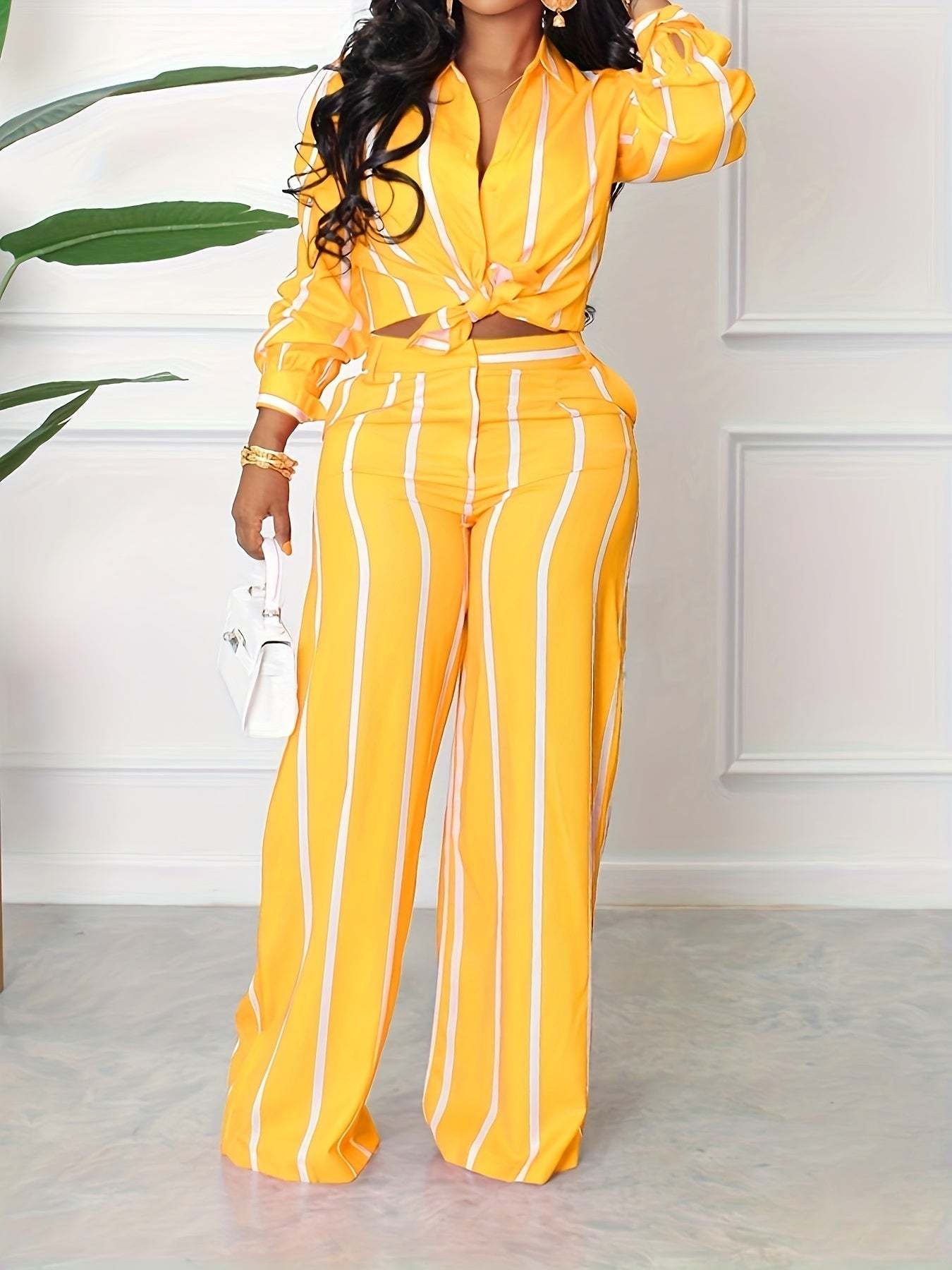 [Two-piece Set Long Sleeve Shirt] Striped Print Two-piece Set, Button Front Collar Long Sleeve Shirt & High Waist Wide Leg Loose Pants Set, Women's Clothing - SMSB 66