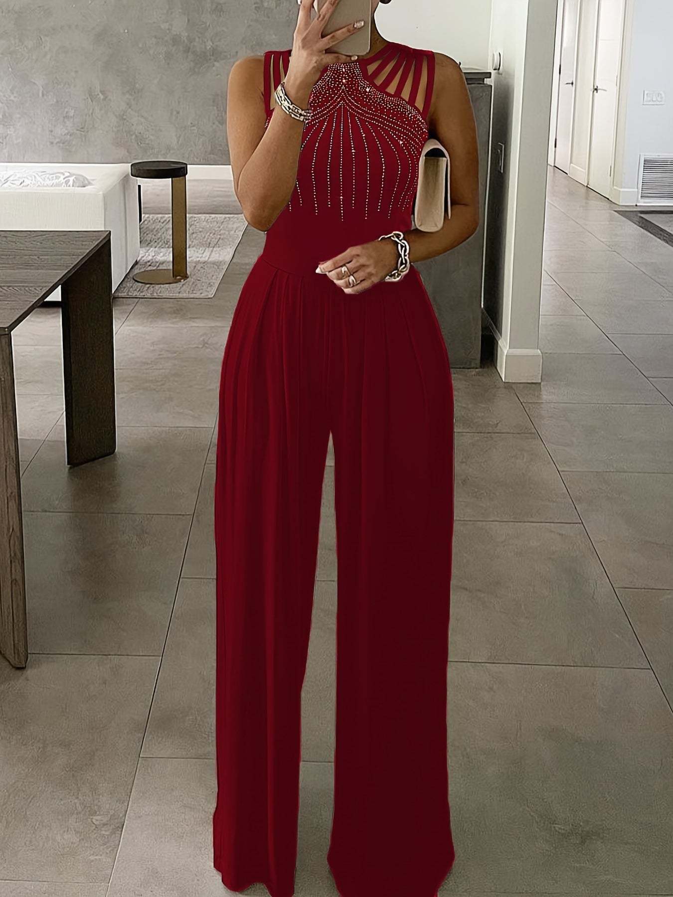 Glitter Rhinestone Criss Cross Jumpsuit, Elegant Wide Leg Sleeveless Tank Jumpsuit For Spring & Summer, Women's Clothing - SMSB 66