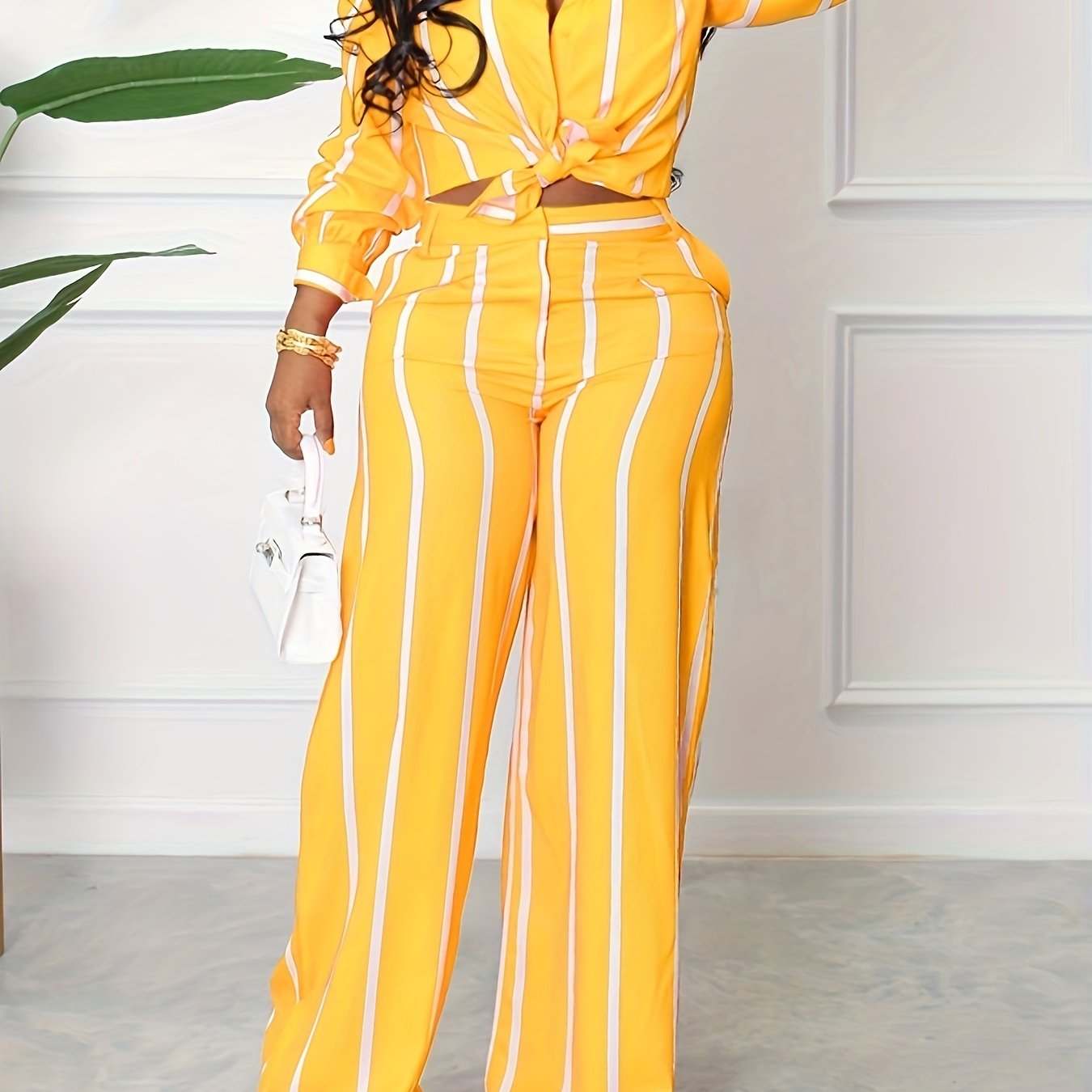 [Two-piece Set Long Sleeve Shirt] Striped Print Two-piece Set, Button Front Collar Long Sleeve Shirt & High Waist Wide Leg Loose Pants Set, Women's Clothing - SMSB 66