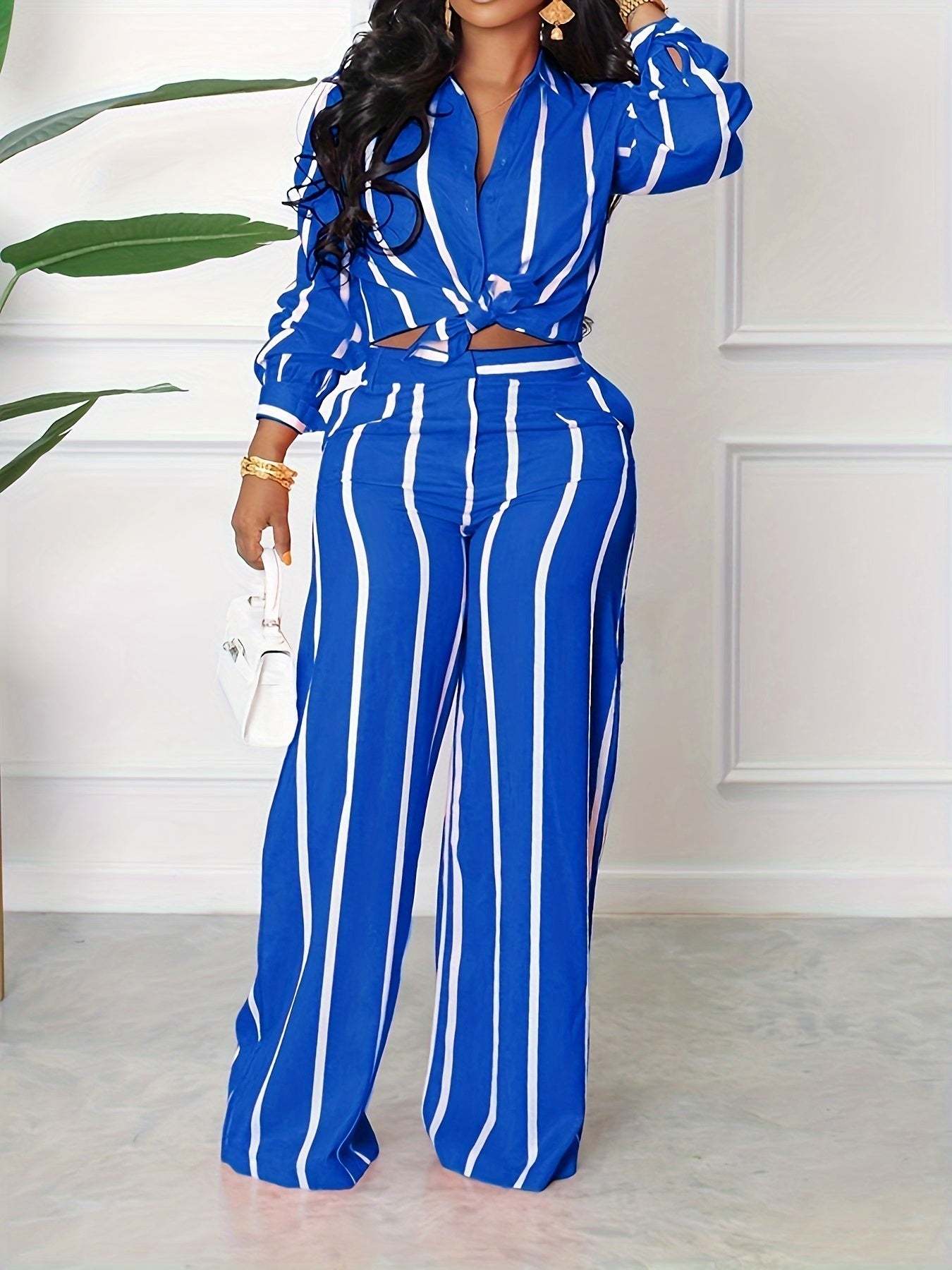 [Two-piece Set Long Sleeve Shirt] Striped Print Two-piece Set, Button Front Collar Long Sleeve Shirt & High Waist Wide Leg Loose Pants Set, Women's Clothing - SMSB 66