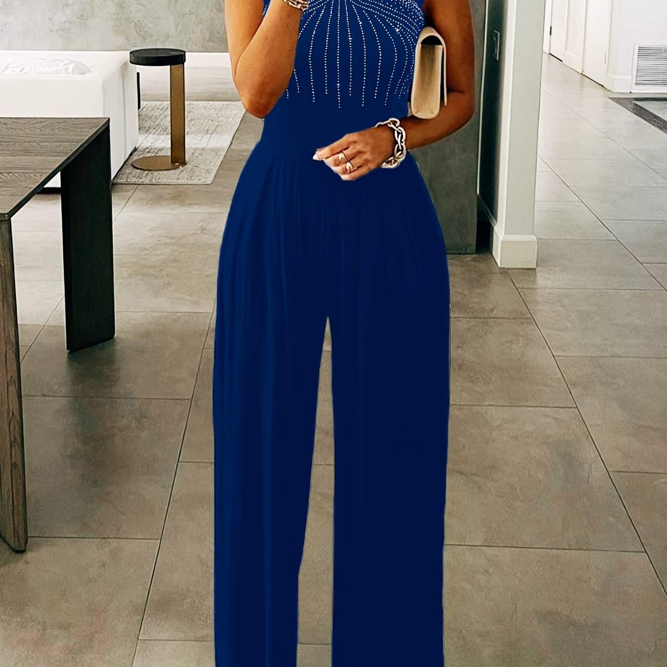 Glitter Rhinestone Criss Cross Jumpsuit, Elegant Wide Leg Sleeveless Tank Jumpsuit For Spring & Summer, Women's Clothing - SMSB 66