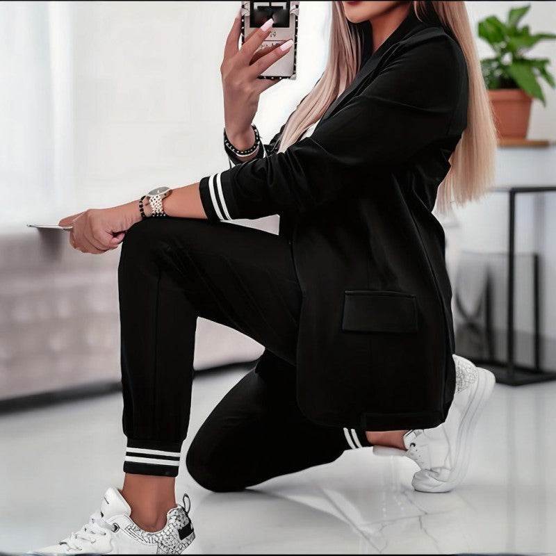 Women's Solid Color Suit Set - Striped Pocket Long Sleeve Blazer & Elastic Waist Trousers Professional Two-Piece Outfit - SMSB 66