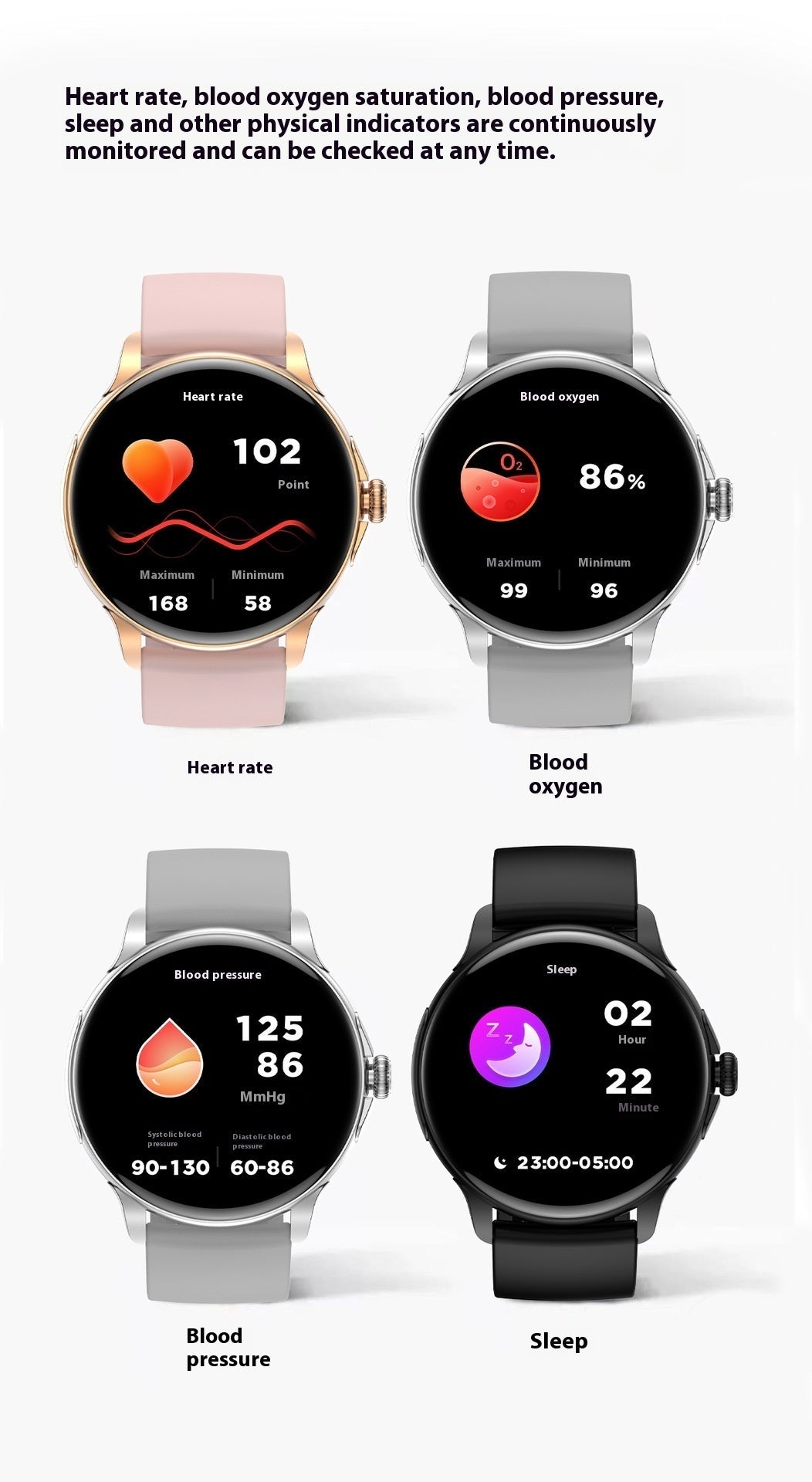 Smart Call Bluetooth HK49 sports watch showing sleep heart rate, blood oxygen, blood pressure monitoring on IPS screen with 21-day battery life.