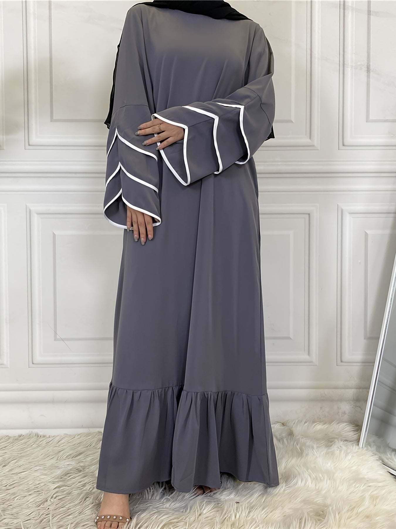 Solid Petal Sleeve Crew Neck Loose Modest Dress, Elegant Tie Waist Ruffled Hem Dress, Women's Clothing - SMSB 66