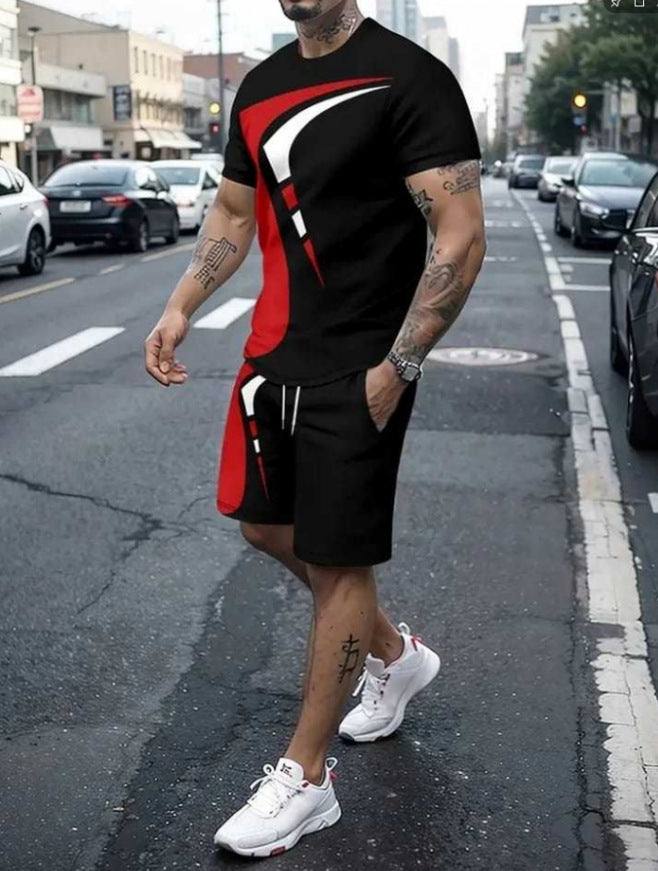 Men's casual T-shirt and shorts two-piece sportswear set with black and red design